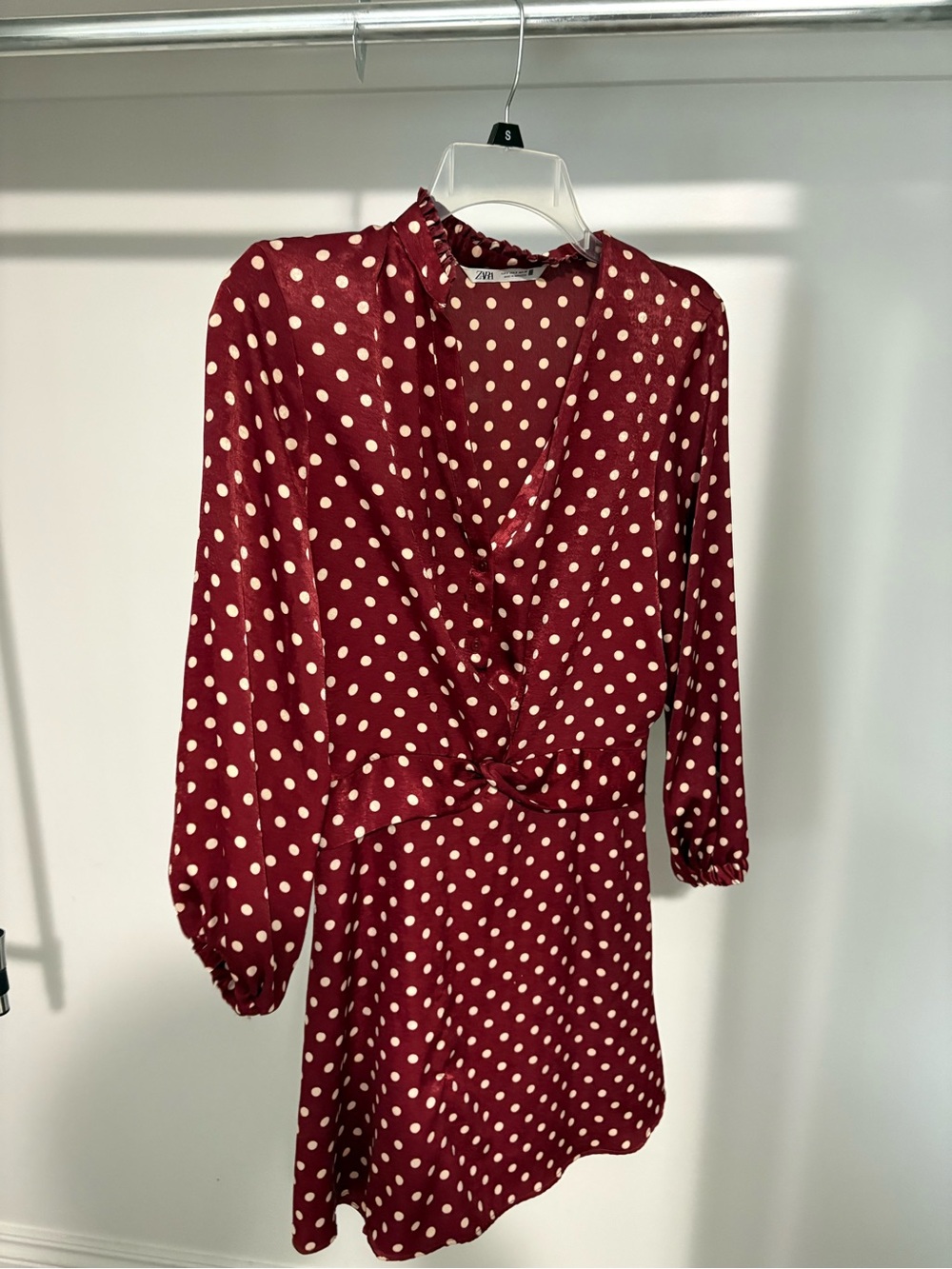 Zara Burgundy Polka Dot Twist-Waist Long Sleeve Dress